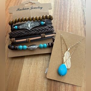 Boho Western Bracelet Stack + Turquoise Feather Necklace Set
